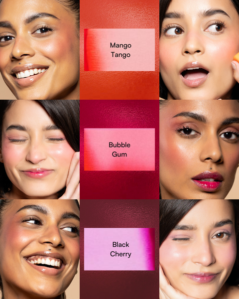 Diverse models showcasing SOAK IT HYDRA JELLY TINT shades: Mango Tango, Bubble Gum, Black Cherry.