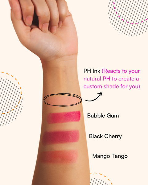 PH-reactive jelly tint swatches: Bubble Gum, Black Cherry, Mango Tango.